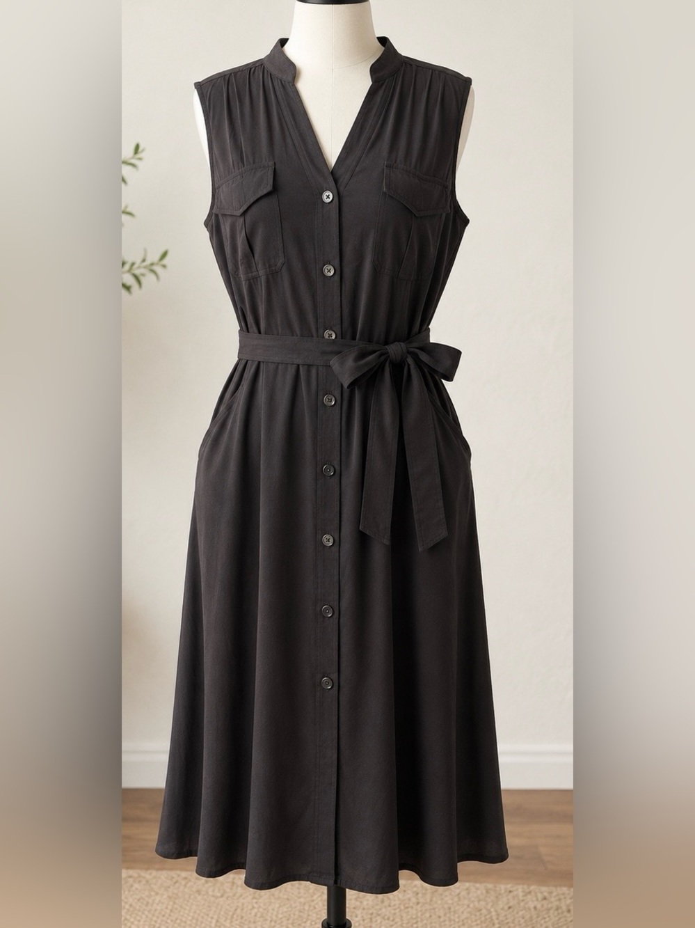 WHBM Black Sleeveless Shirt Dress Belted Midi Pockets Career Chic 14